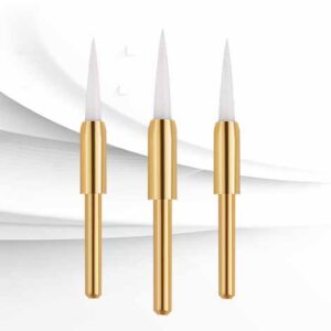 Dental ceramic soft tissue trimmer bur in needle shape for gingival trimming and soft tissue contouring.